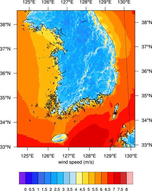 An example of short-term forecasting information for wind energy sources is the wind speed distribution in South Korea. Wind speed of about 2 ~ 5m / s is blowing on land, while wind speed of over 4 ~ 7m / s is blowing on the sea, and there is a clear difference between land and sea. In addition, the land has a high wind speed in mountainous areas or island areas such as Jeju Island, and the wind speed increases toward the distant sea.