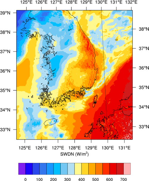 An example of short-term forecasting information for solar photovoltaic sources is the spatial distribution of downlink radiation in South Korea. Due to the sunrise time, the east of the Korean peninsula has a higher downlink radiation than the west. 