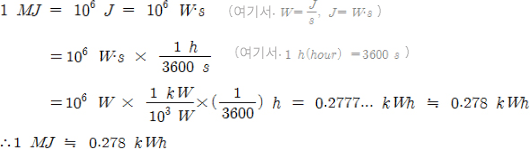 1MJ=10의 6승 J=10의 6승 W (여기서. W=s분의 J, J=W*s). =10의 6승*W*s*3600s분의 1h (여기서 1h(hour)=3600s). =10의 6승*W*10의 3승*W분의 1㎾*(3600분의 1)*h=0.2777...*㎾h는 0.278㎾h의 근사치. 따라서 1Mj는 0.278㎾h의 근사치